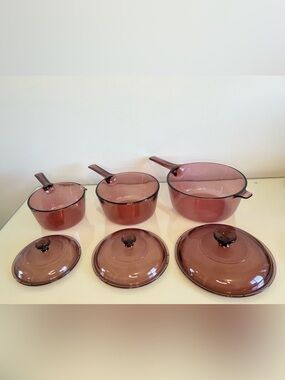 Set 3 VTG Visions Corningware Pyrex Cranberry Glass Cookware Pots Lids 6 USA